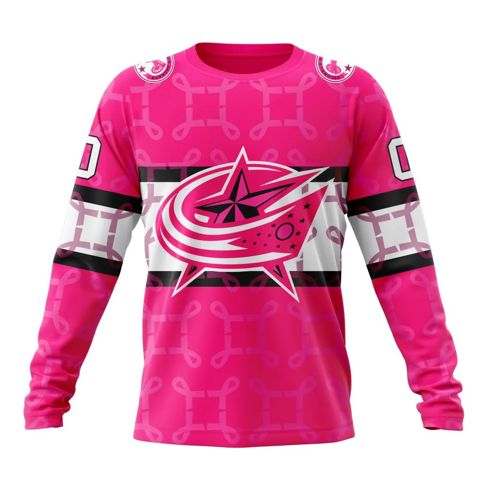 NHL Columbus Blue Jackets | Specialized Design I Pink I Can! In October We Wear Pink Breast Cancer Long Sleeved Sweatshirt 