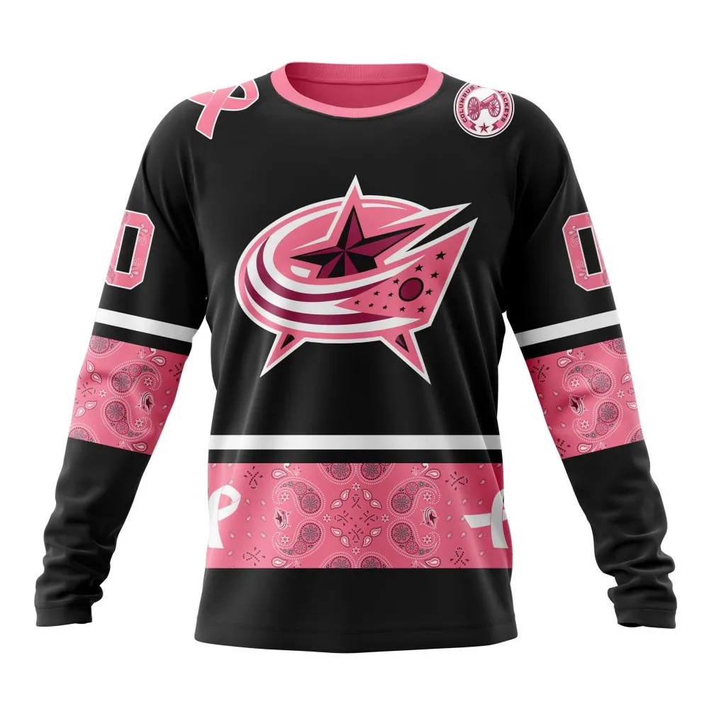 NHL Columbus Blue Jackets | Specialized Design In Classic Style With Paisley! In October We Wear Pink Breast Cancer Long Sleeved Sweatshirt 