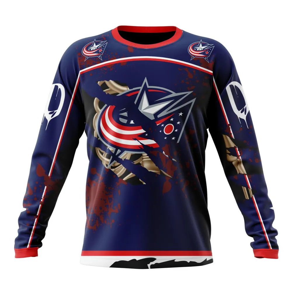 NHL Columbus Blue Jackets | Specialized Design Jersey With Your Ribs For Halloween Long Sleeved Sweatshirt 