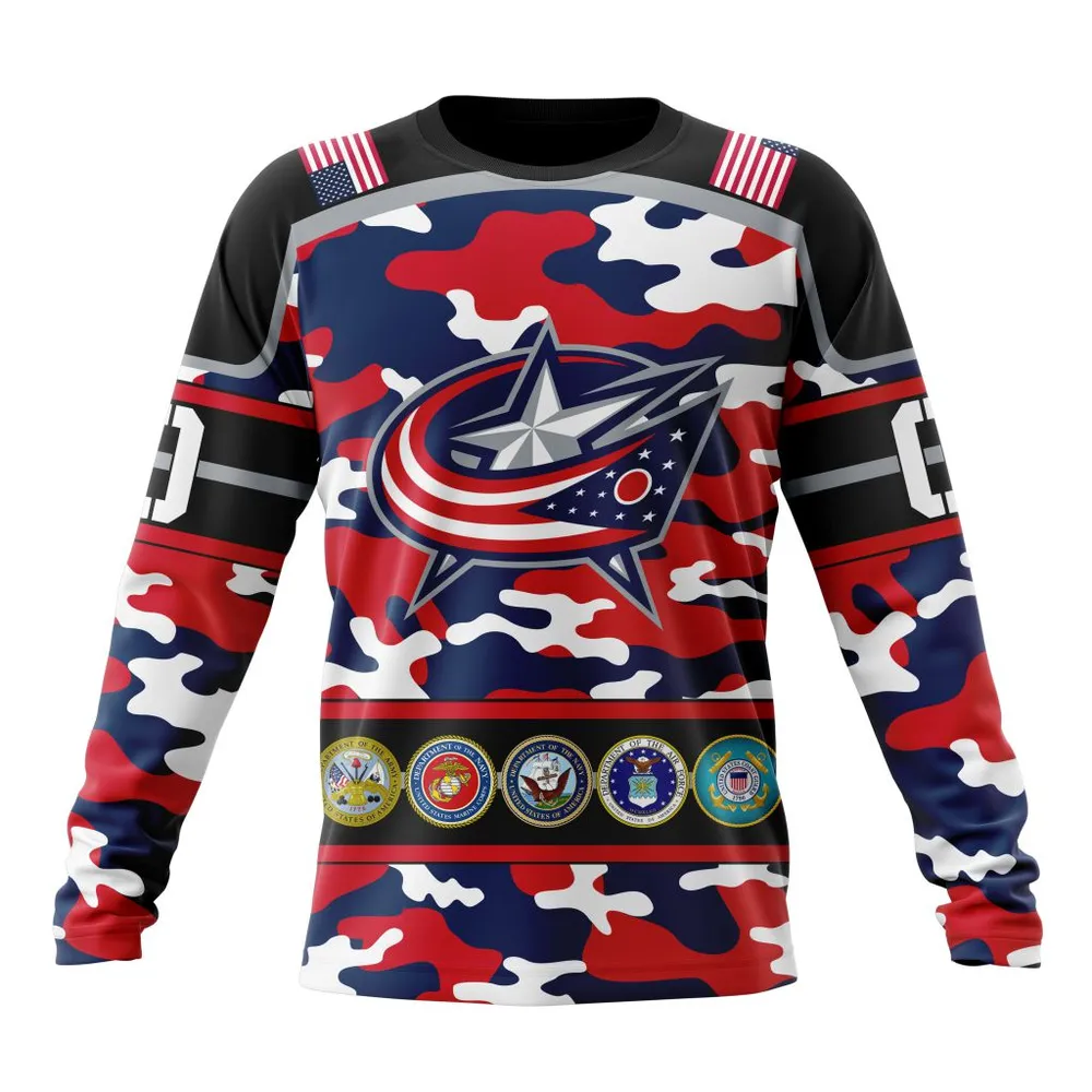 NHL Columbus Blue Jackets | Specialized Design Wih Camo Team Color And Military Force Logo Long Sleeved Sweatshirt 