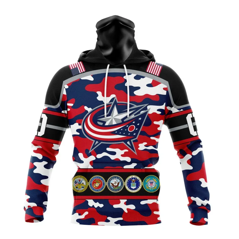 NHL Columbus Blue Jackets | Specialized Design Wih Camo Team Color And Military Force Logo Mask Hoodie