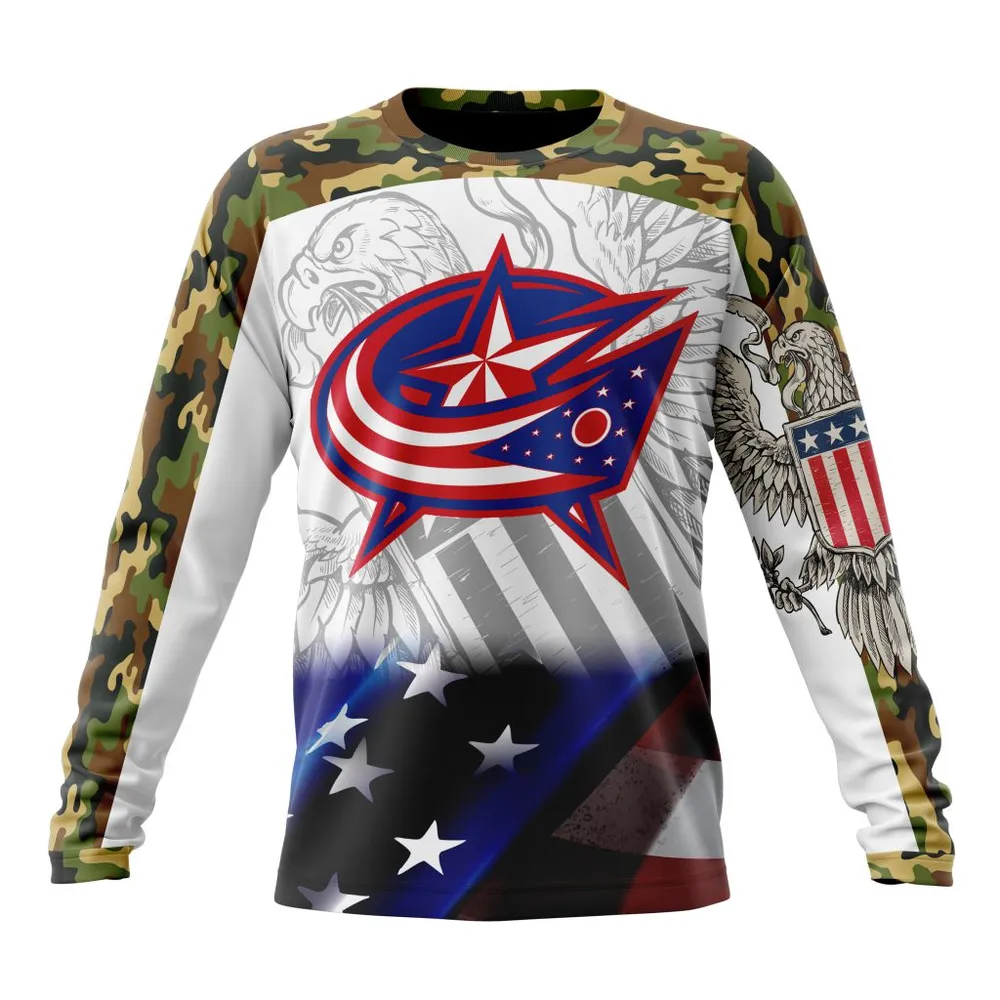 NHL Columbus Blue Jackets | Specialized Design With Our America Flag And Our America Eagle Long Sleeved Sweatshirt 