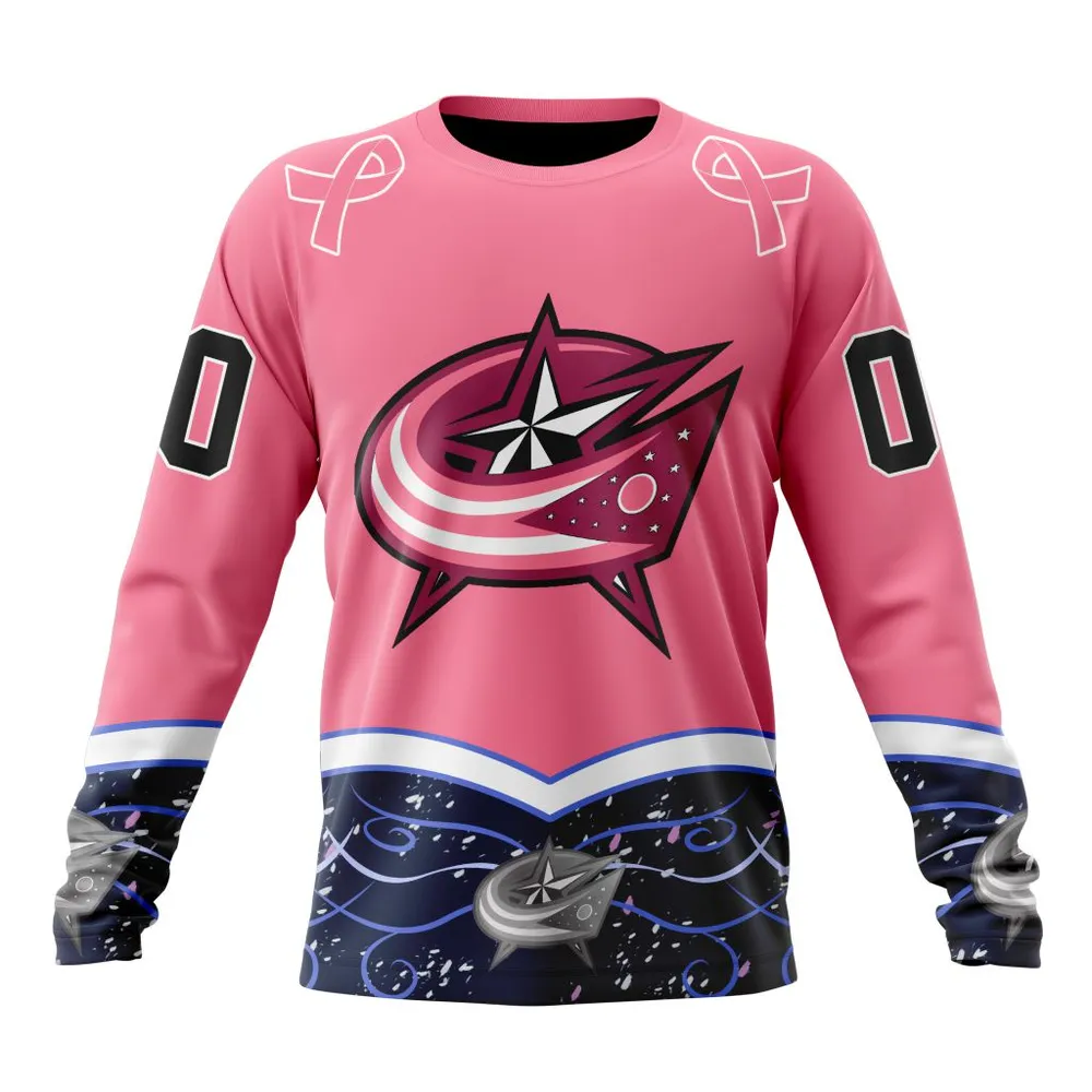 NHL Columbus Blue Jackets | Specialized Unisex For Hockey Fights Cancer Long Sleeved Sweatshirt 