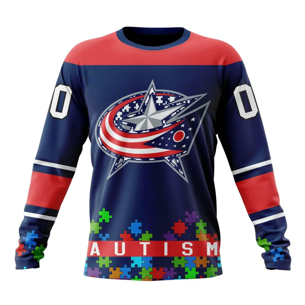 NHL Columbus Blue Jackets | Specialized Unisex Kits Hockey Fights Against Autism Long Sleeved Sweatshirt 