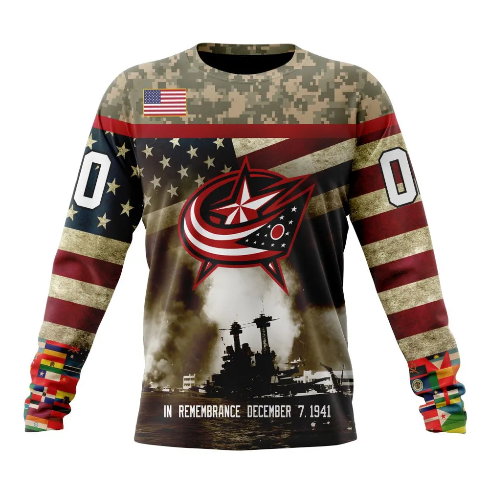 NHL Columbus Blue Jackets | Specialized Unisex Kits Remember Pearl Harbor Long Sleeved Sweatshirt 