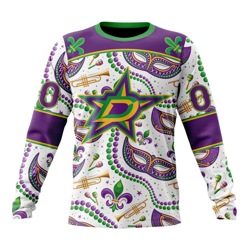 NHL Dallas Stars Special Mardi Gras Design St2401 Long Sleeved Sweatshirt 