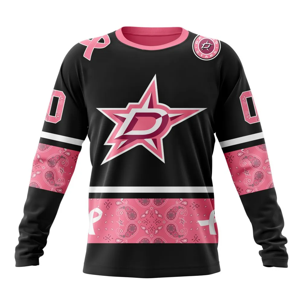 NHL Dallas Stars | Specialized Design In Classic Style With Paisley! In October We Wear Pink Breast Cancer Long Sleeved Sweatshirt 