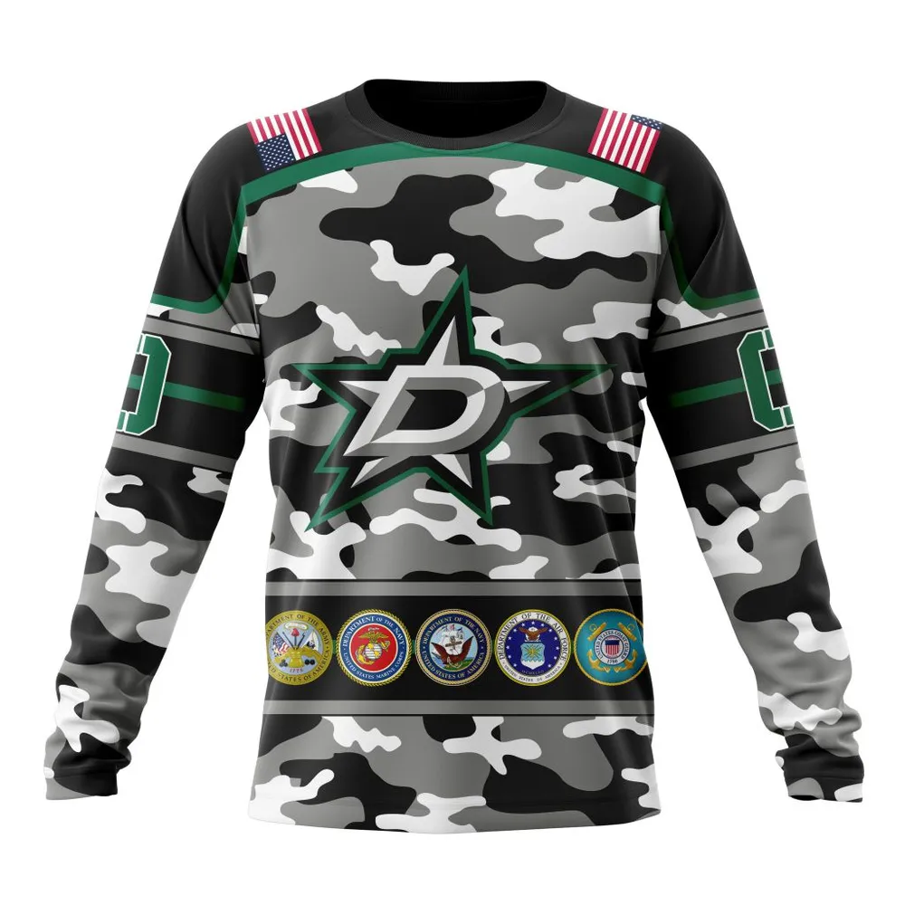 NHL Dallas Stars | Specialized Design Wih Camo Team Color And Military Force Logo Long Sleeved Sweatshirt 