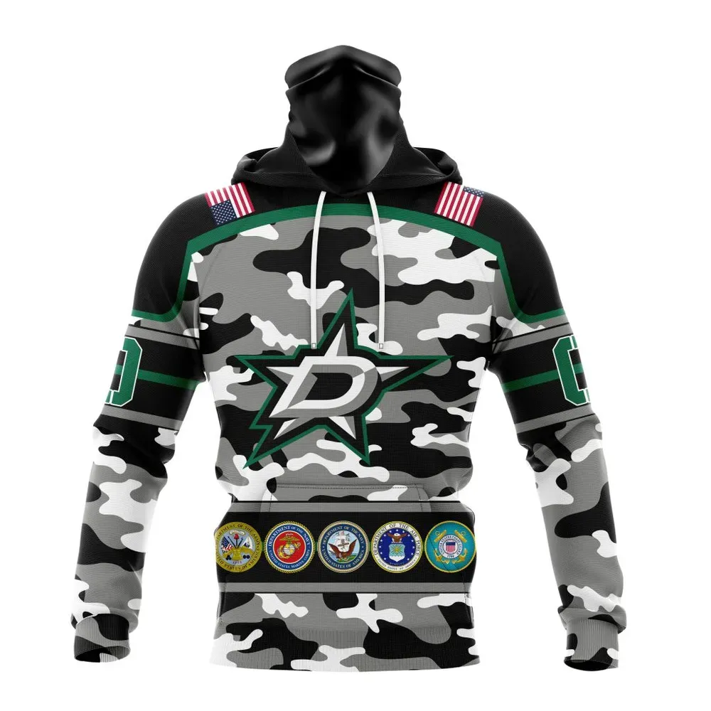 NHL Dallas Stars | Specialized Design Wih Camo Team Color And Military Force Logo Mask Hoodie