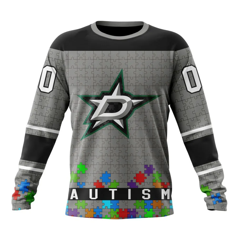 NHL Dallas Stars | Specialized Unisex Kits Hockey Fights Against Autism Long Sleeved Sweatshirt 