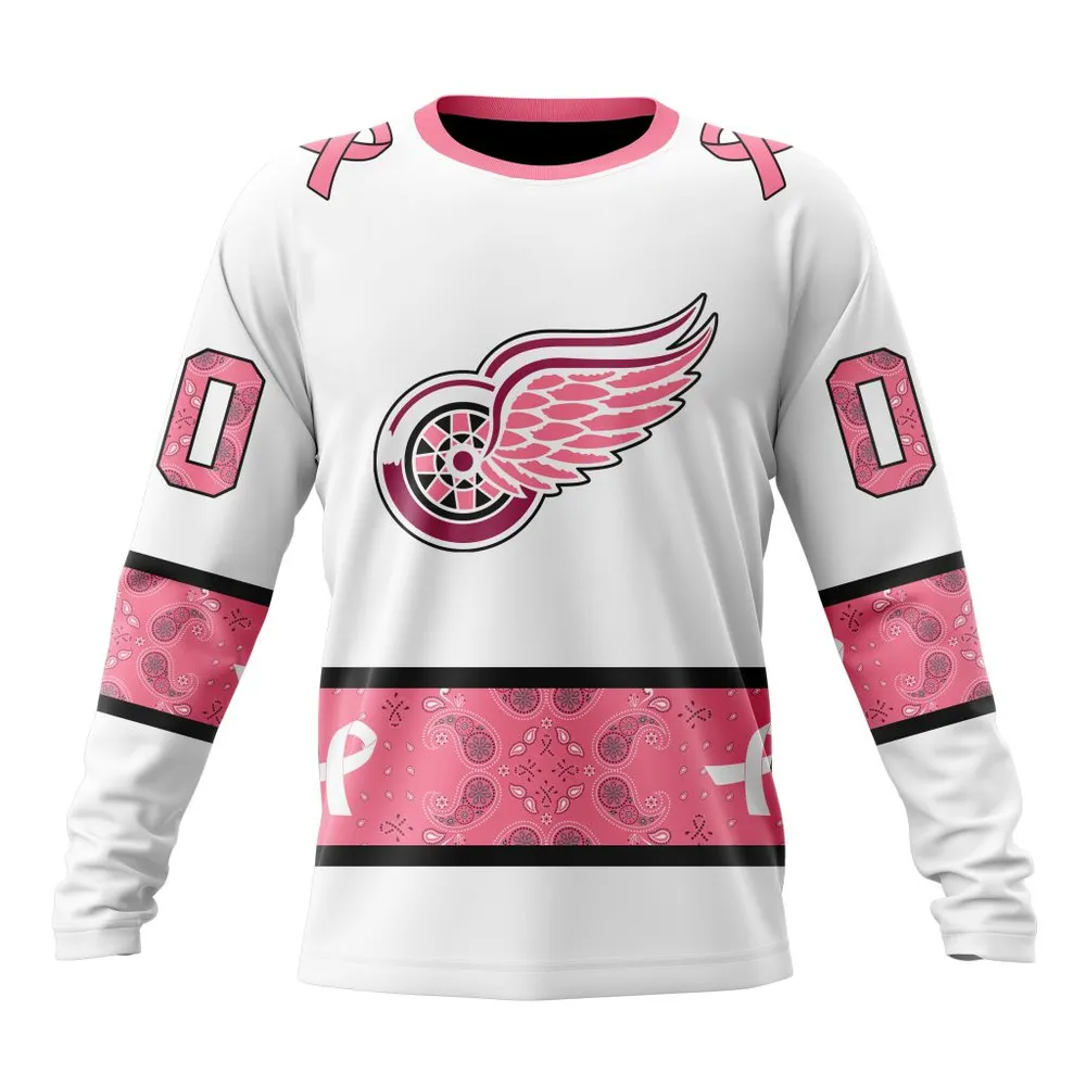 NHL Detroit Red Wings In Classic Style With Paisley! In October We Wear Pink Breast Cancer Long Sleeved Sweatshirt 