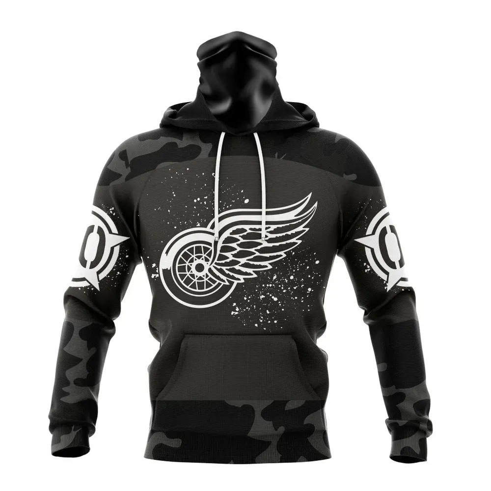 NHL Detroit Red Wings Special Black Camo Design For Veterans Day St2304 Mask Hoodie