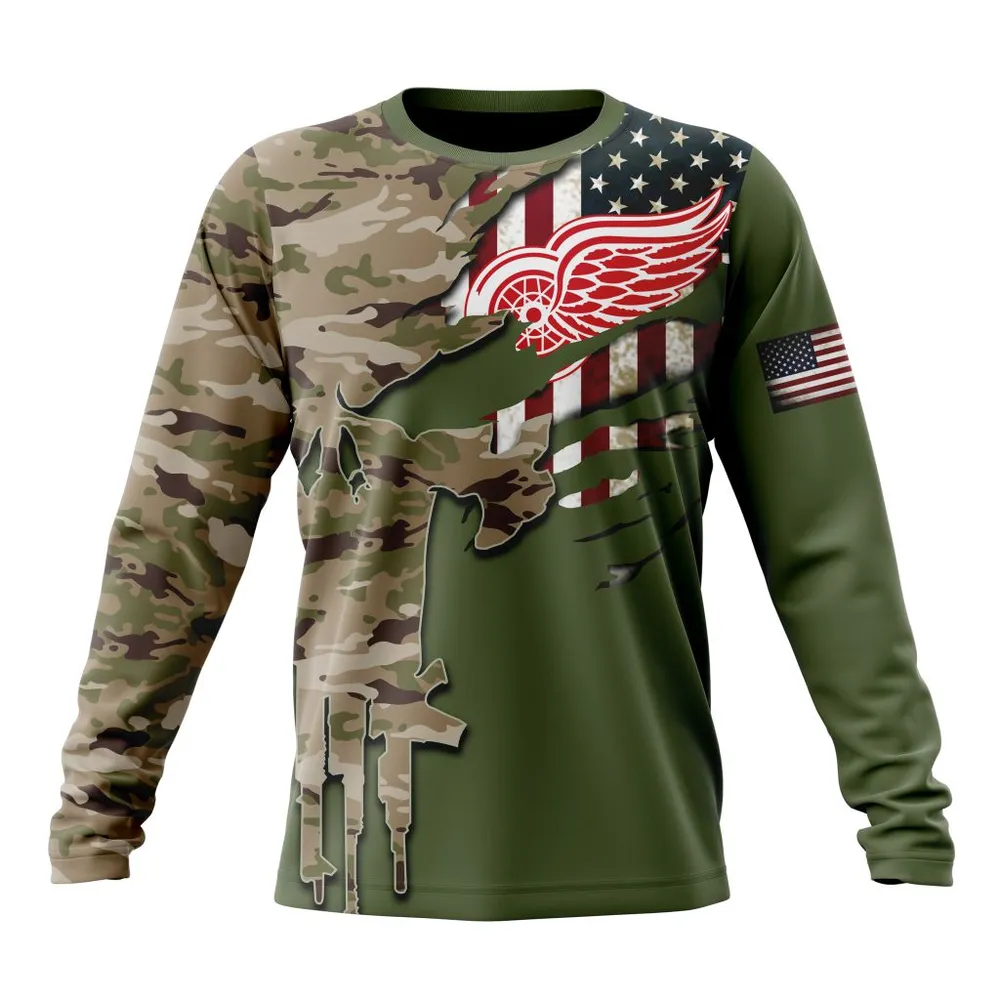 NHL Detroit Red Wings Special Camo Skull Design St2303 Long Sleeved Sweatshirt 