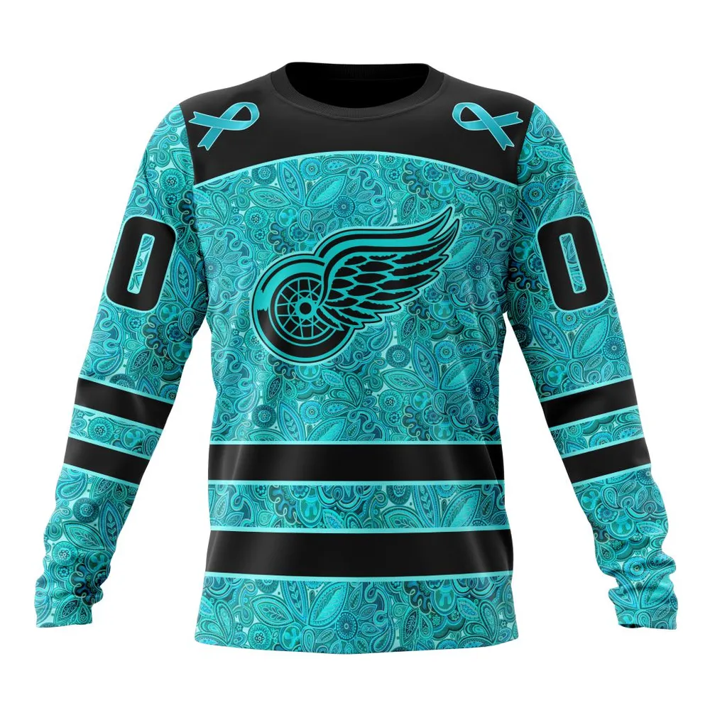 NHL Detroit Red Wings Special Design Fight Ovarian Cancer St2201 Long Sleeved Sweatshirt 