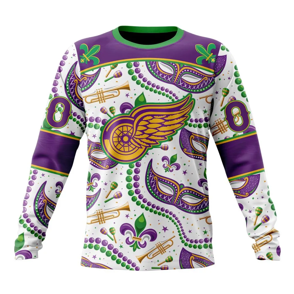 NHL Detroit Red Wings Special Mardi Gras Design St2401 Long Sleeved Sweatshirt 