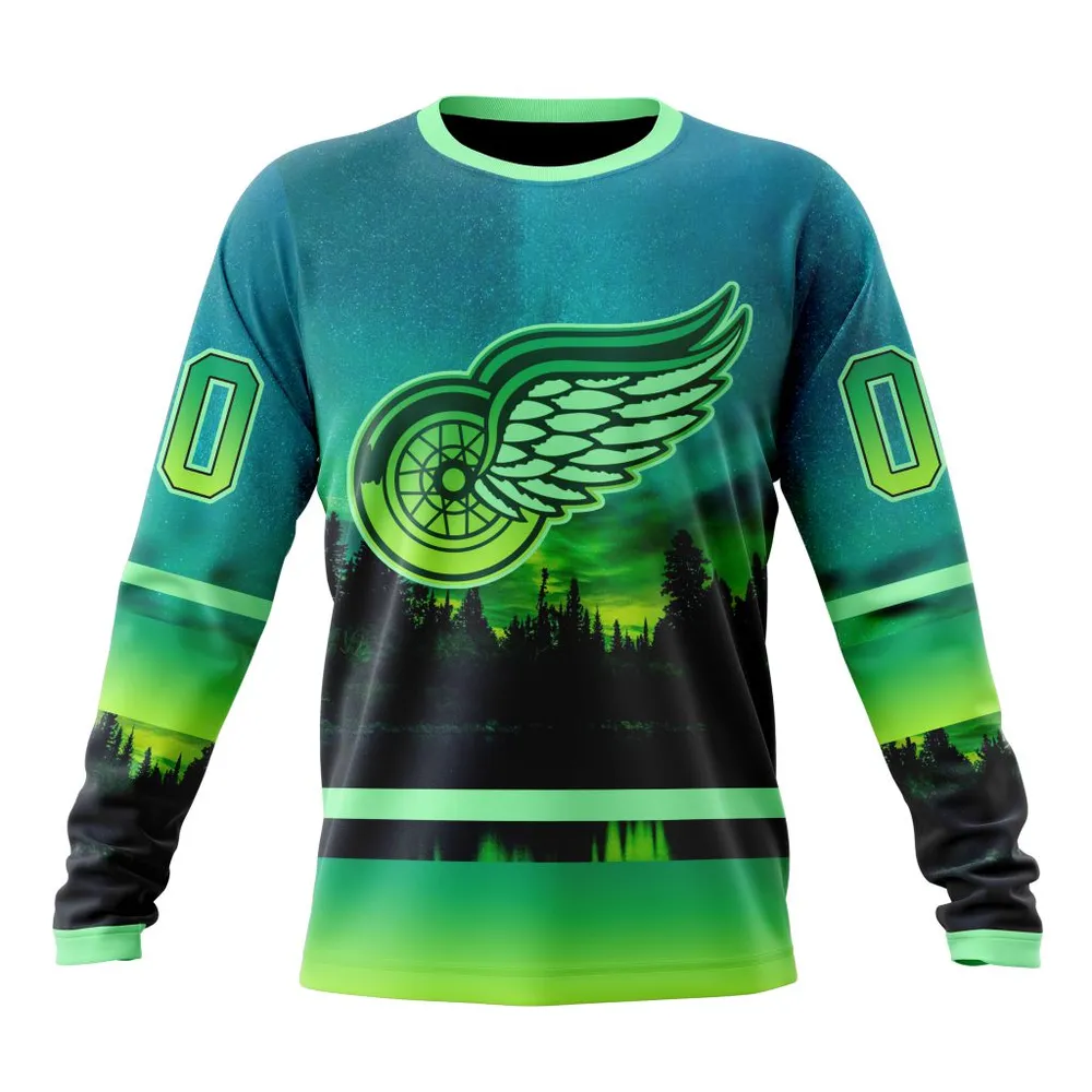 NHL Detroit Red Wings Special Northern Lights Design St2302 Long Sleeved Sweatshirt 