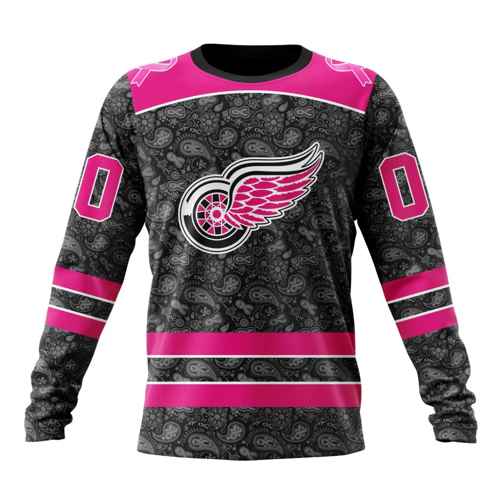 NHL Detroit Red Wings Special Pink In The Rink Fight Breast Cancer St2301 Long Sleeved Sweatshirt 