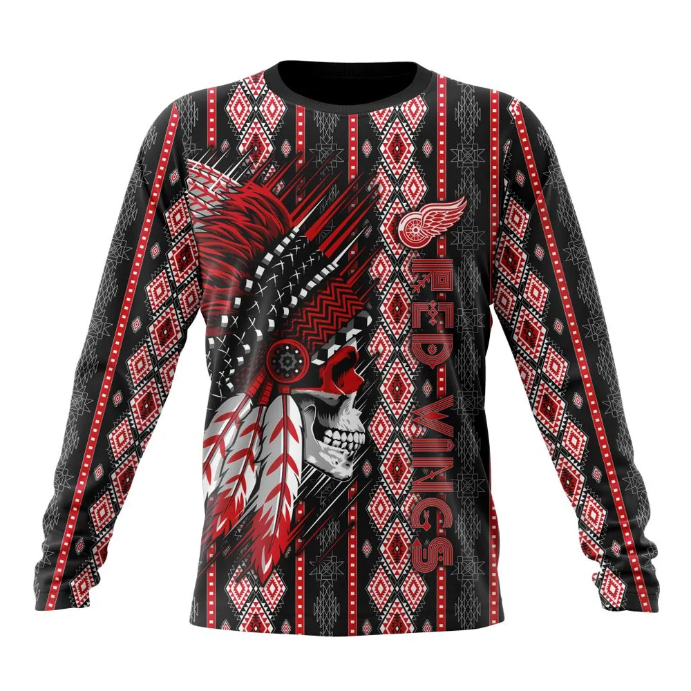 NHL Detroit Red Wings Special Skull Native Design St2301 Long Sleeved Sweatshirt 