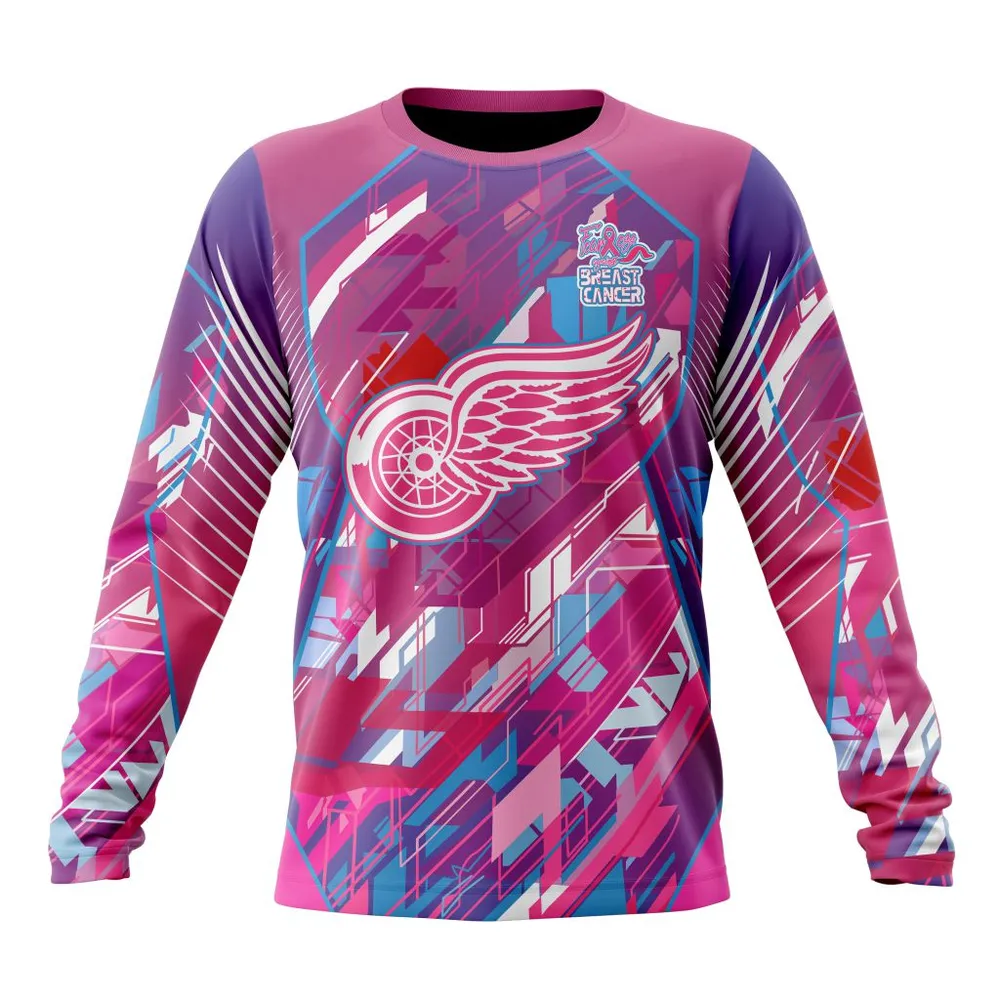 NHL Detroit Red Wings | Specialized Design I Pink I Can! Fearless Again Breast Cancer Long Sleeved Sweatshirt 