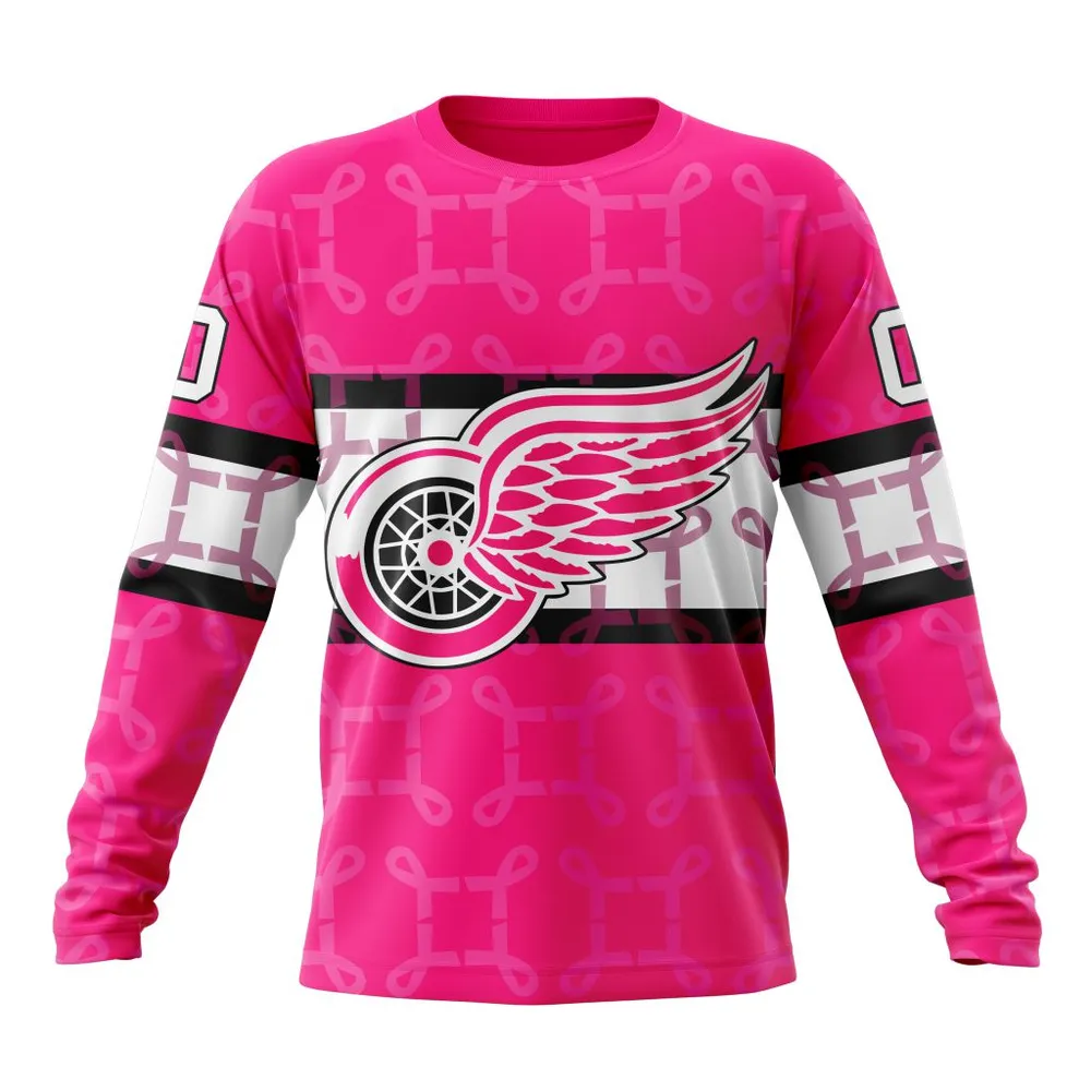 NHL Detroit Red Wings | Specialized Design I Pink I Can! In October We Wear Pink Breast Cancer Long Sleeved Sweatshirt 