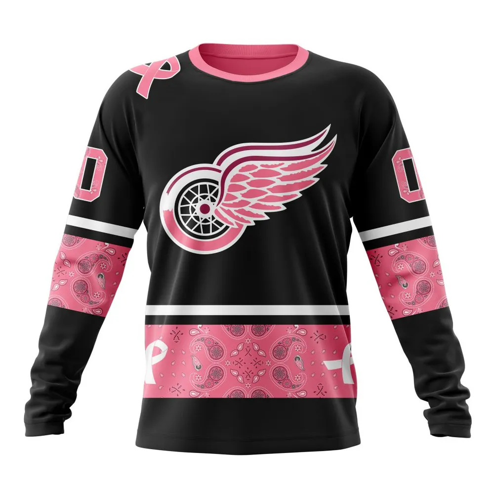 NHL Detroit Red Wings | Specialized Design In Classic Style With Paisley! In October We Wear Pink Breast Cancer Long Sleeved Sweatshirt 