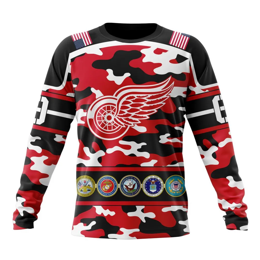 NHL Detroit Red Wings | Specialized Design Wih Camo Team Color And Military Force Logo Long Sleeved Sweatshirt 