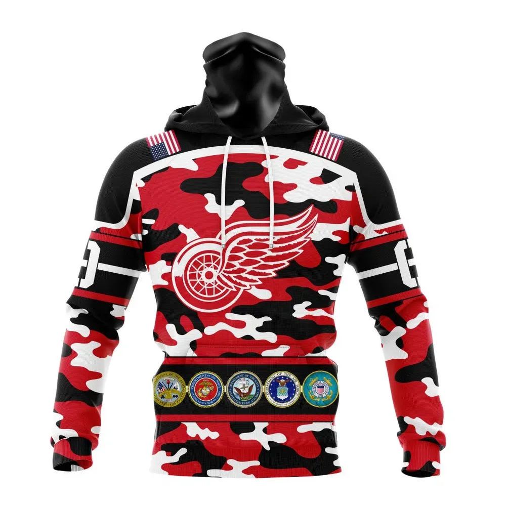 NHL Detroit Red Wings | Specialized Design Wih Camo Team Color And Military Force Logo Mask Hoodie