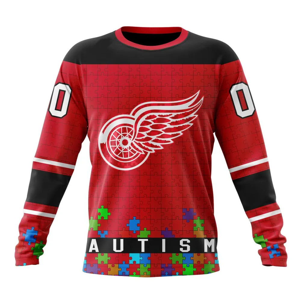 NHL Detroit Red Wings | Specialized Unisex Kits Hockey Fights Against Autism Long Sleeved Sweatshirt 