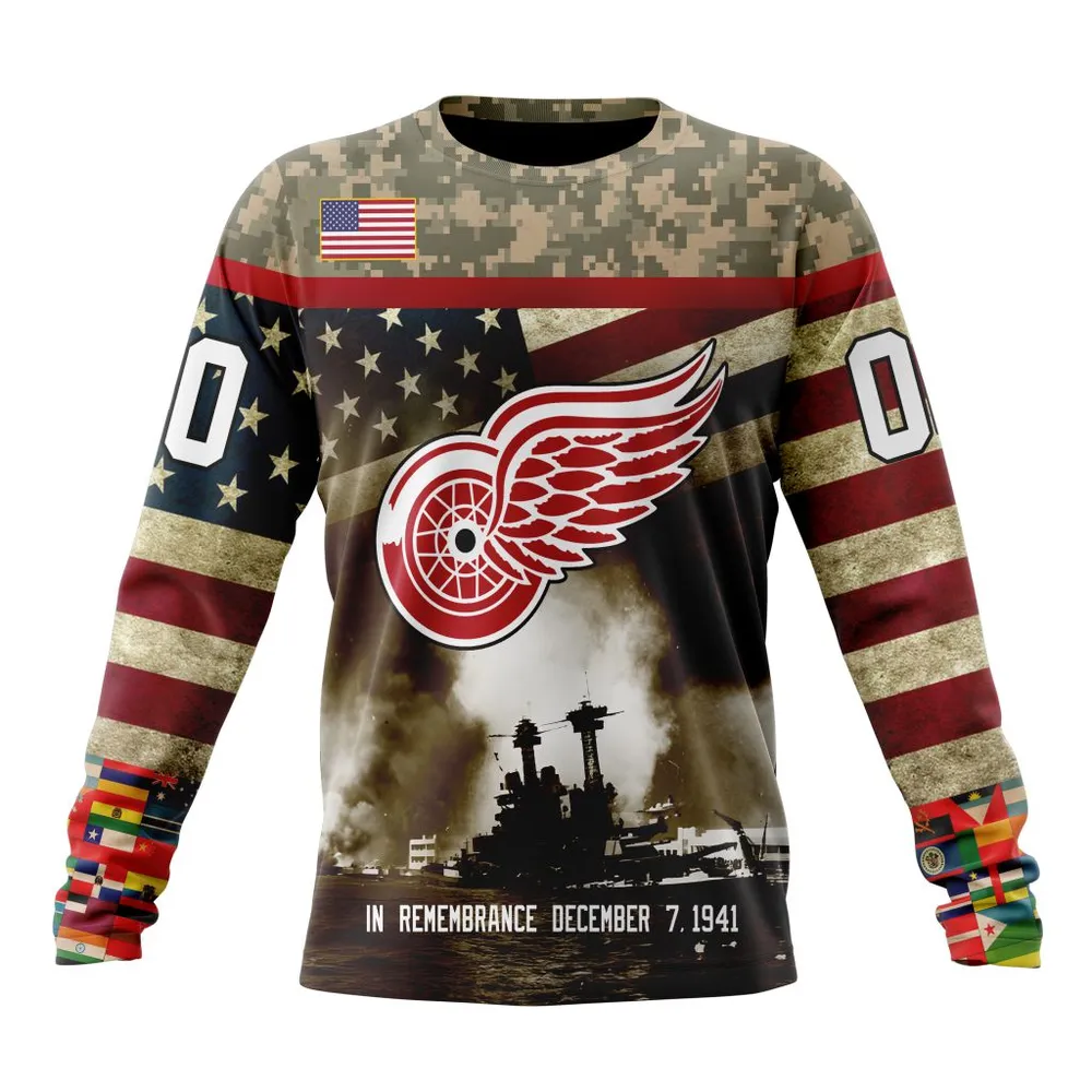 NHL Detroit Red Wings | Specialized Unisex Kits Remember Pearl Harbor Long Sleeved Sweatshirt 