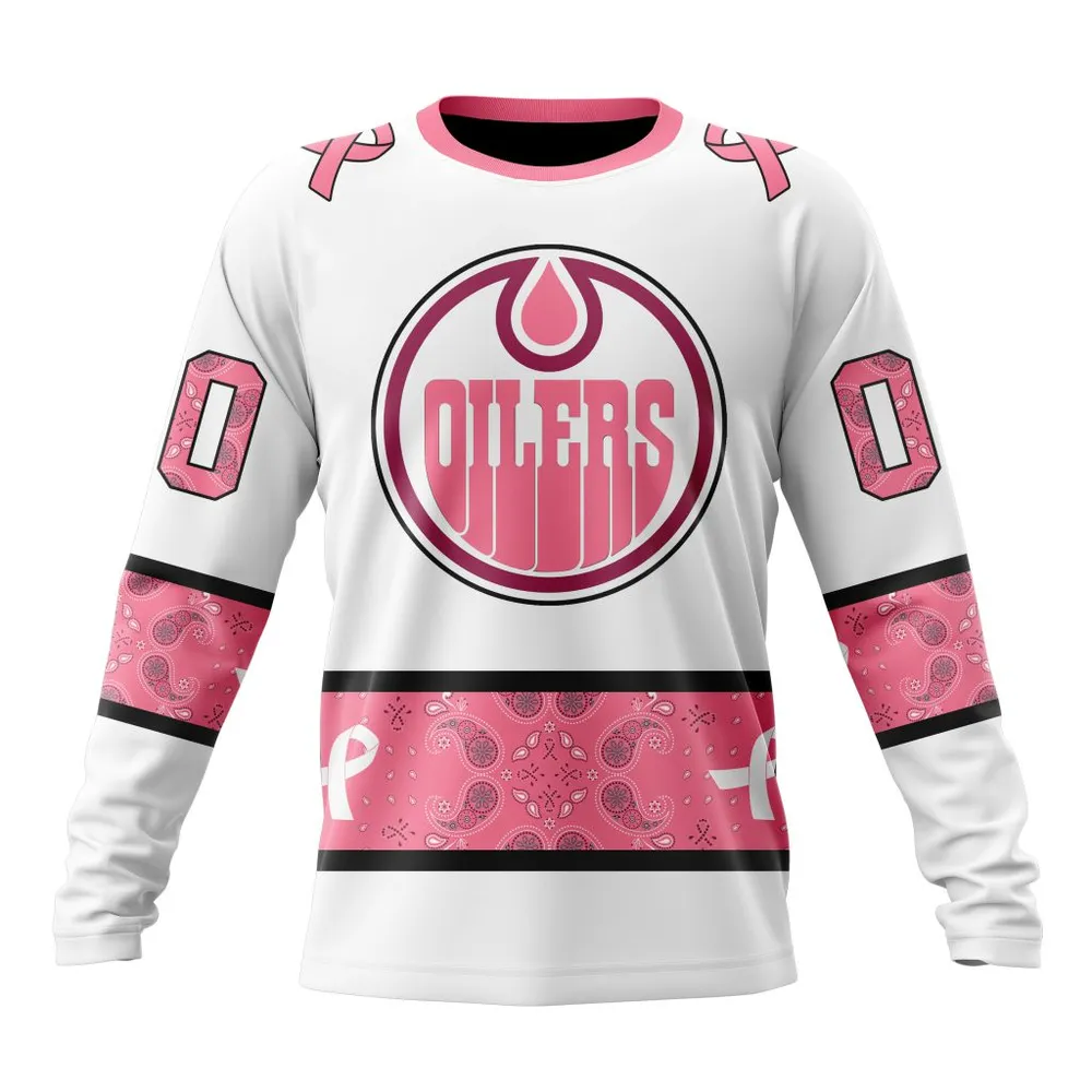 NHL Edmonton Oilers In Classic Style With Paisley! In October We Wear Pink Breast Cancer Long Sleeved Sweatshirt 