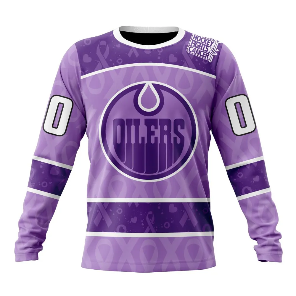 NHL Edmonton Oilers New Lavender Hockey Fight Cancer St2301 Long Sleeved Sweatshirt 