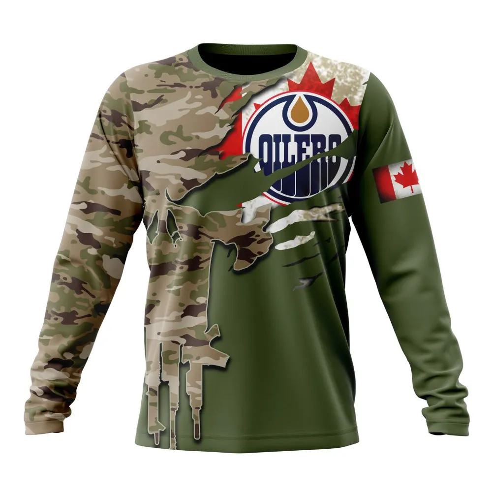 NHL Edmonton Oilers Special Camo Skull Design St2303 Long Sleeved Sweatshirt 