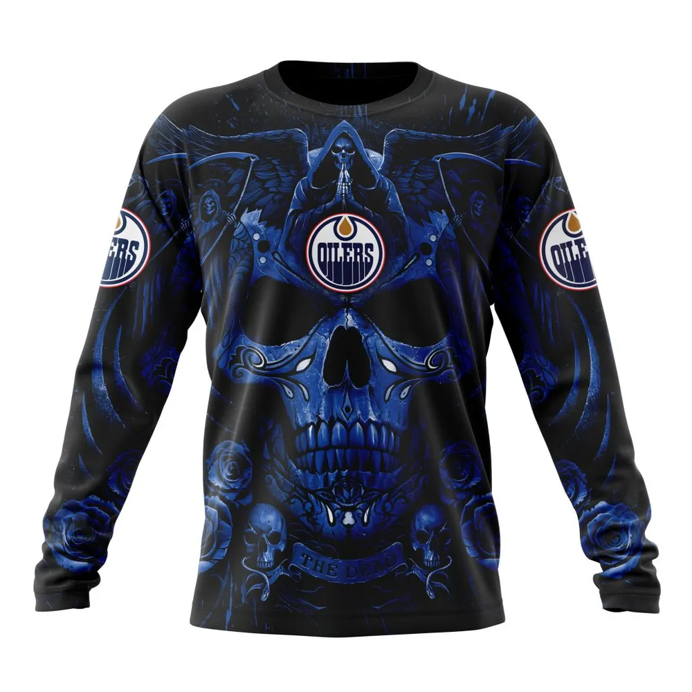 NHL Edmonton Oilers Special Design With Skull Art St2203 Long Sleeved Sweatshirt 