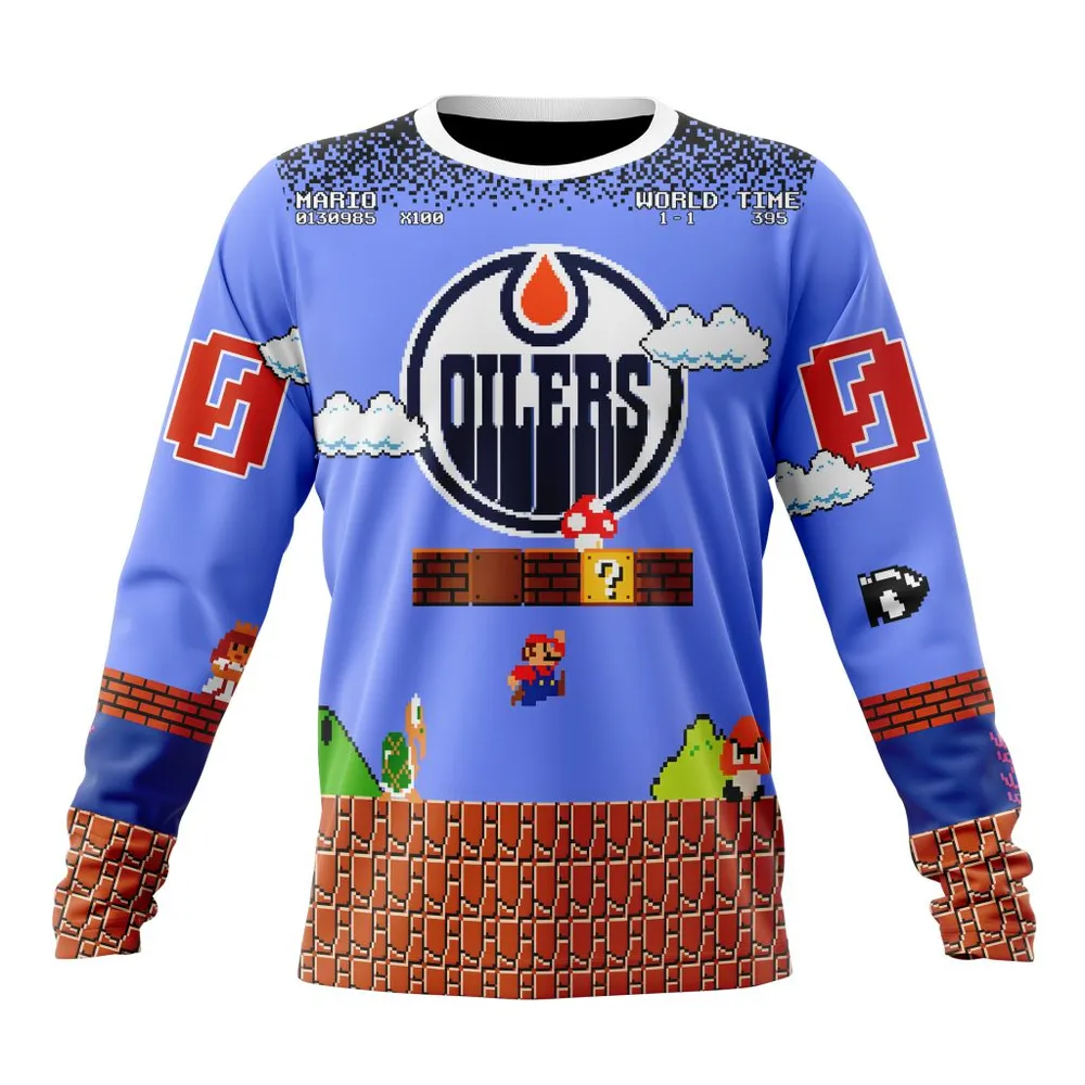 NHL Edmonton Oilers Special Kits With Super Mario Game Design Long Sleeved Sweatshirt 