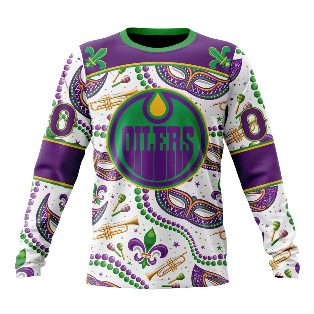 NHL Edmonton Oilers Special Mardi Gras Design St2401 Long Sleeved Sweatshirt 