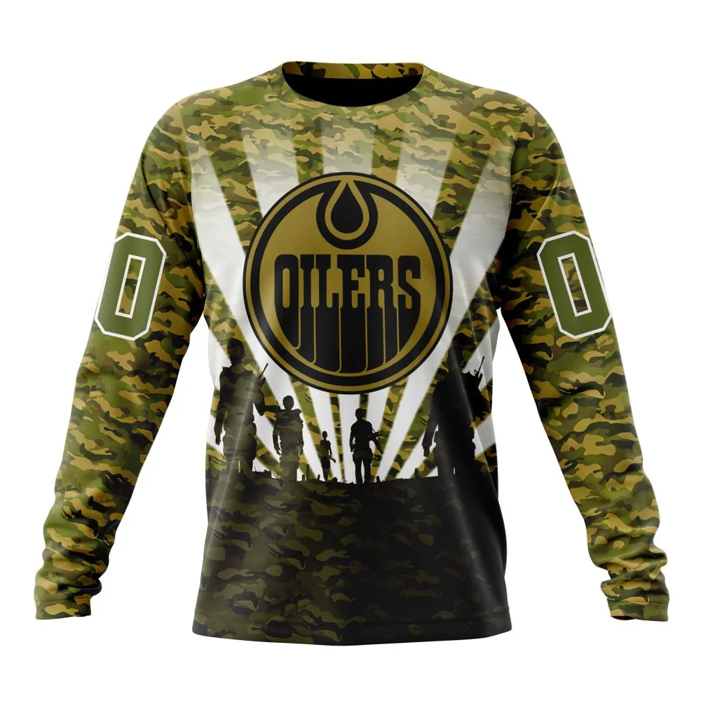 NHL Edmonton Oilers Special Military Camo Kits For Veterans Day And Rememberance Day St2201 Long Sleeved Sweatshirt 