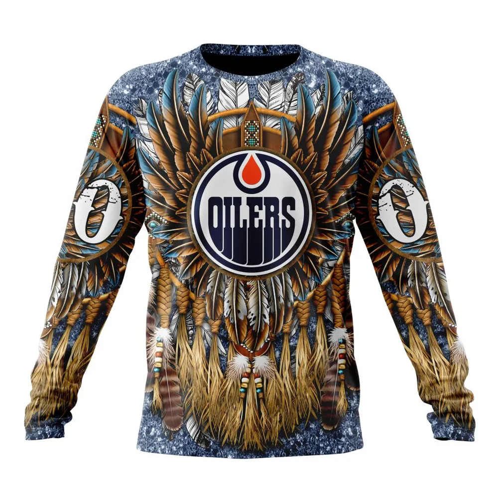 NHL Edmonton Oilers Special Native Costume Design St2201 Long Sleeved Sweatshirt 