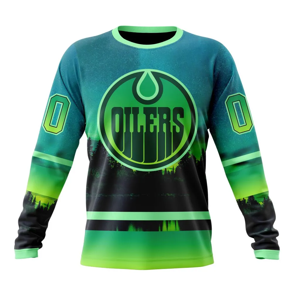 NHL Edmonton Oilers Special Northern Lights Design St2302 Long Sleeved Sweatshirt 