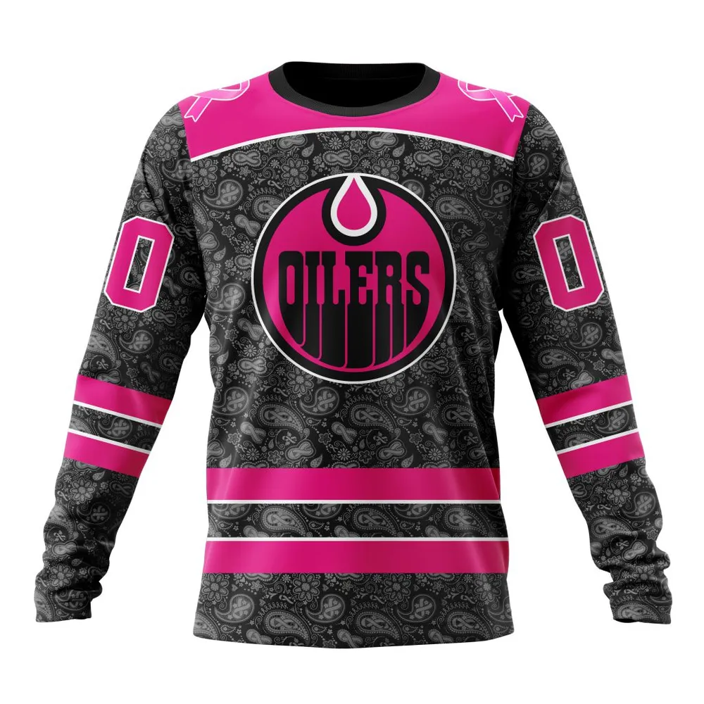 NHL Edmonton Oilers Special Pink In The Rink Fight Breast Cancer St2301 Long Sleeved Sweatshirt 