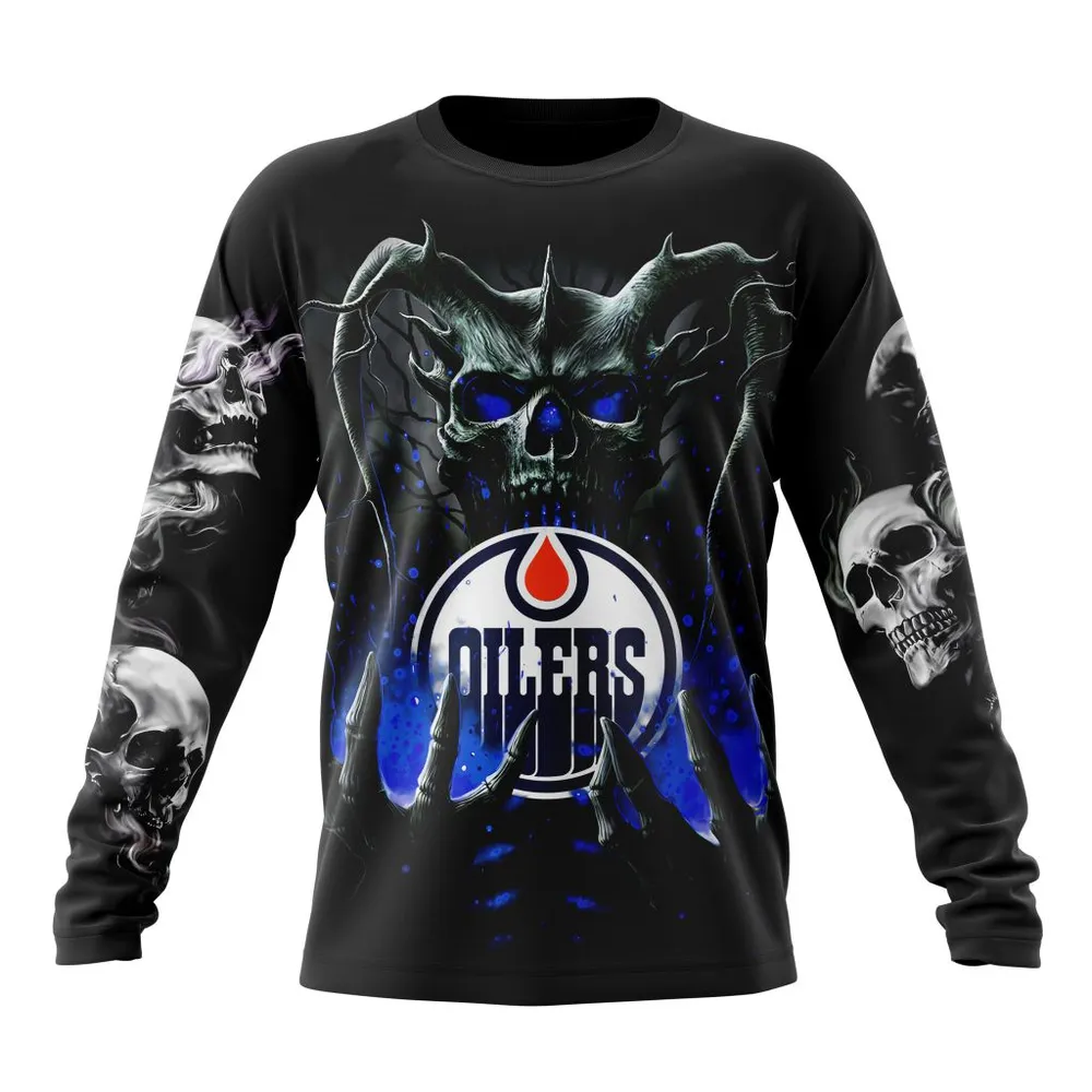 NHL Edmonton Oilers Special Skull Art Design St2301 Long Sleeved Sweatshirt 