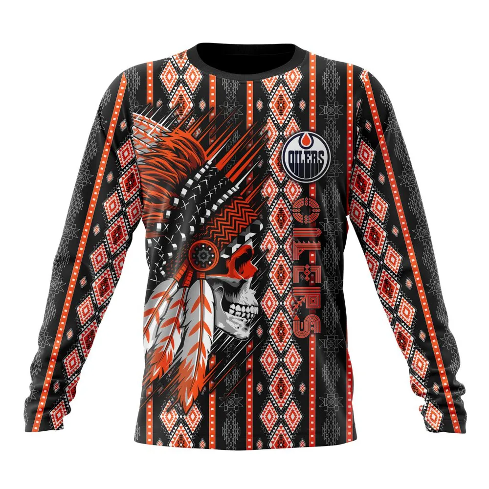 NHL Edmonton Oilers Special Skull Native Design St2301 Long Sleeved Sweatshirt 