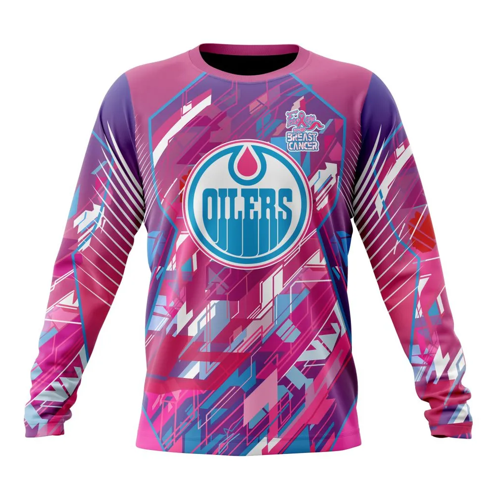 NHL Edmonton Oilers | Specialized Design I Pink I Can! Fearless Again Breast Cancer Long Sleeved Sweatshirt 