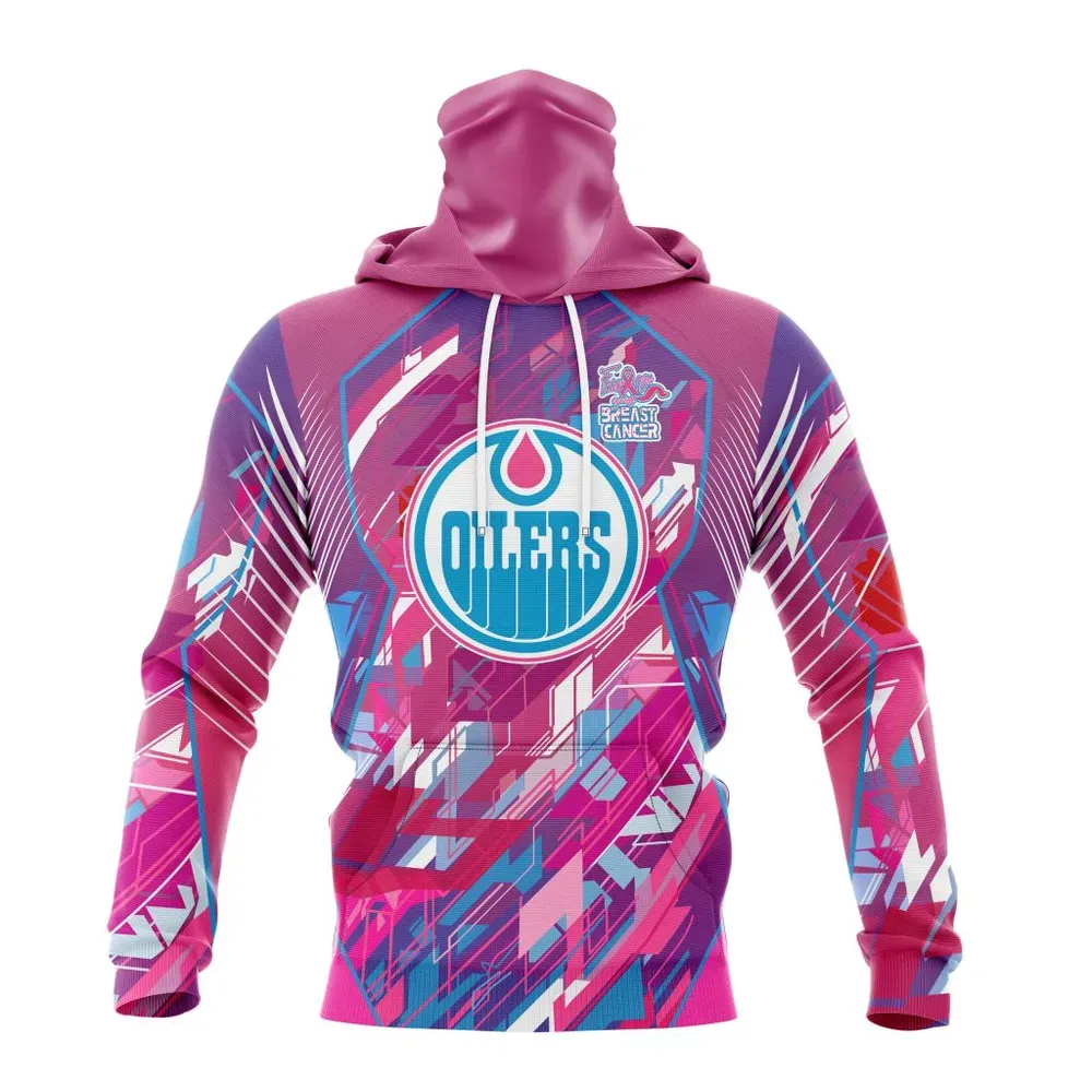 NHL Edmonton Oilers | Specialized Design I Pink I Can! Fearless Again Breast Cancer Mask Hoodie