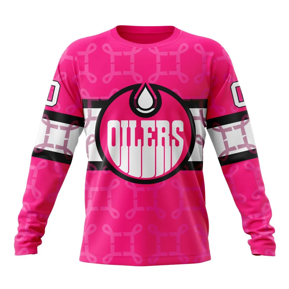 NHL Edmonton Oilers | Specialized Design I Pink I Can! In October We Wear Pink Breast Cancer Long Sleeved Sweatshirt 