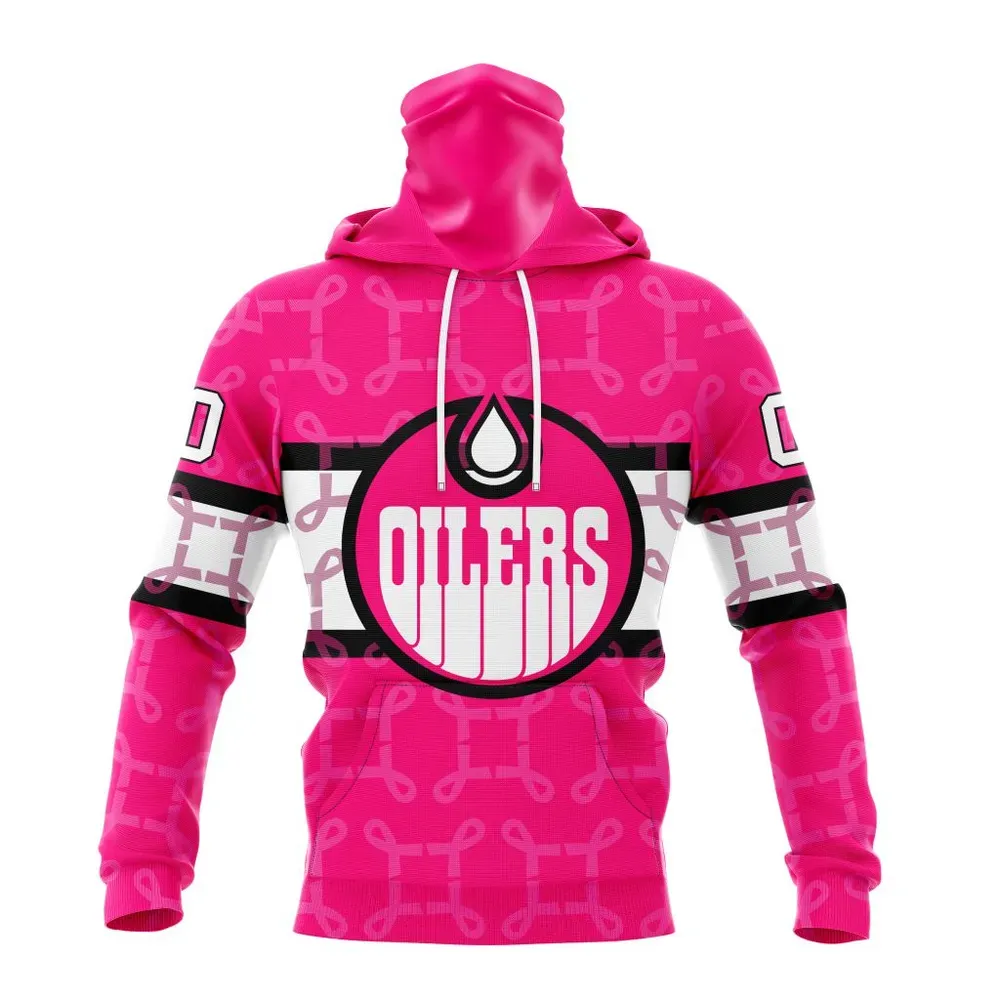 NHL Edmonton Oilers | Specialized Design I Pink I Can! In October We Wear Pink Breast Cancer Mask Hoodie