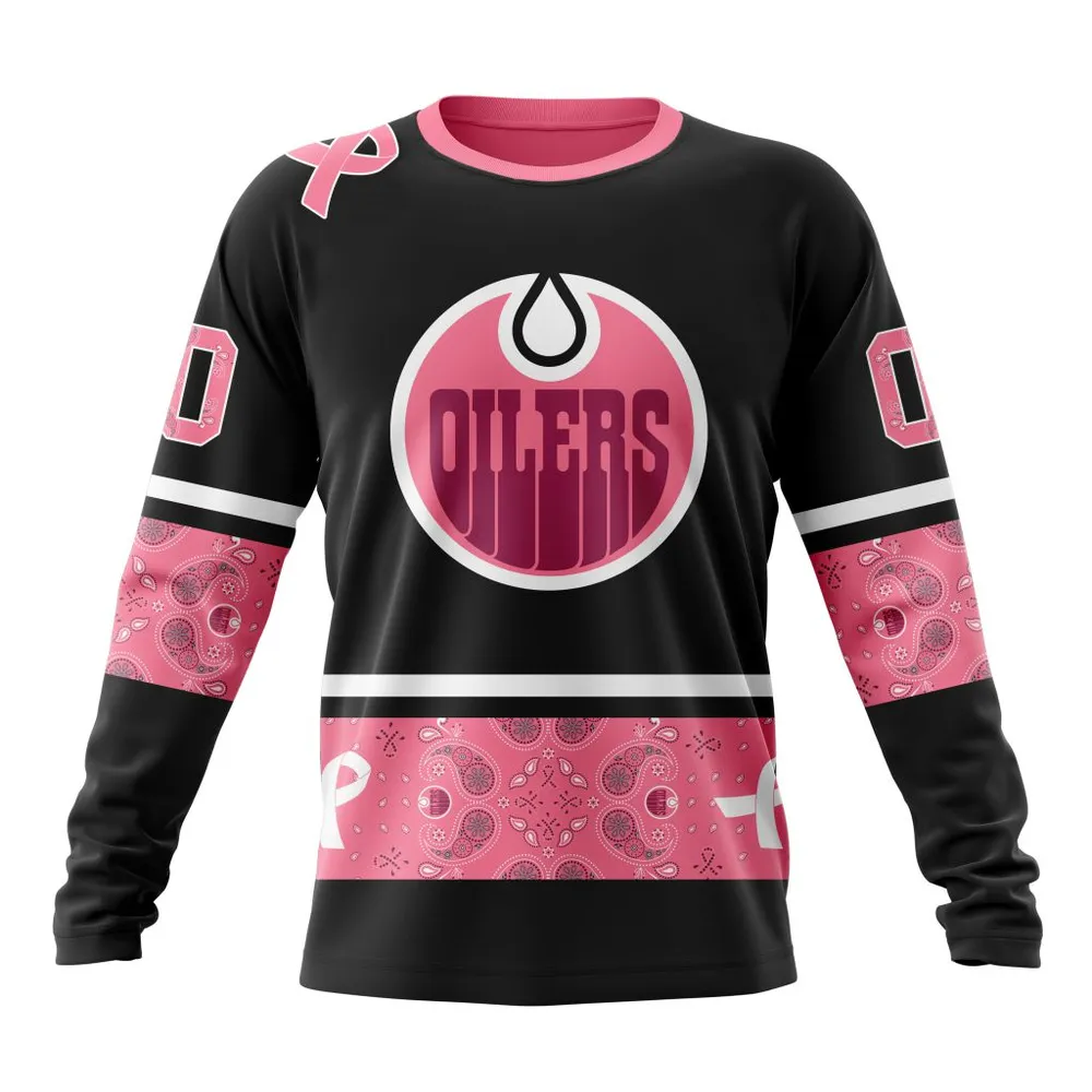 NHL Edmonton Oilers | Specialized Design In Classic Style With Paisley! In October We Wear Pink Breast Cancer Long Sleeved Sweatshirt 