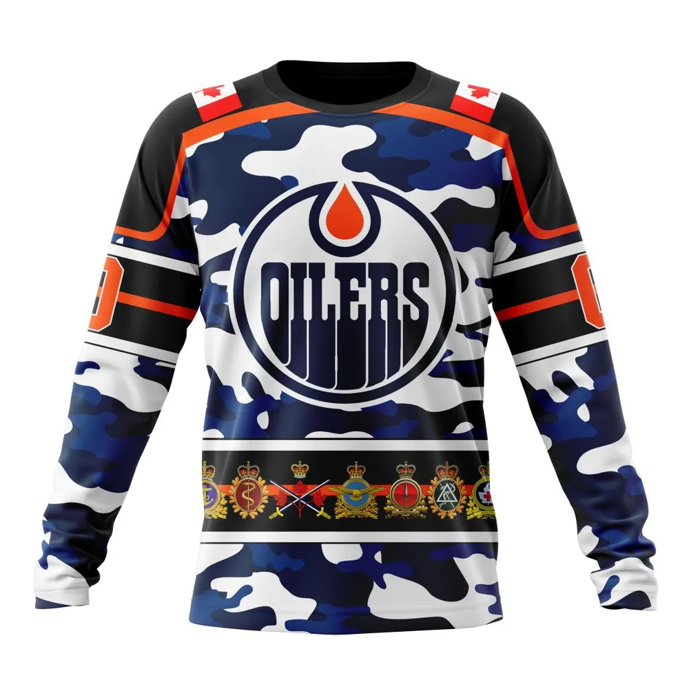 NHL Edmonton Oilers | Specialized Design Wih Camo Team Color And Military Force Logo Long Sleeved Sweatshirt 