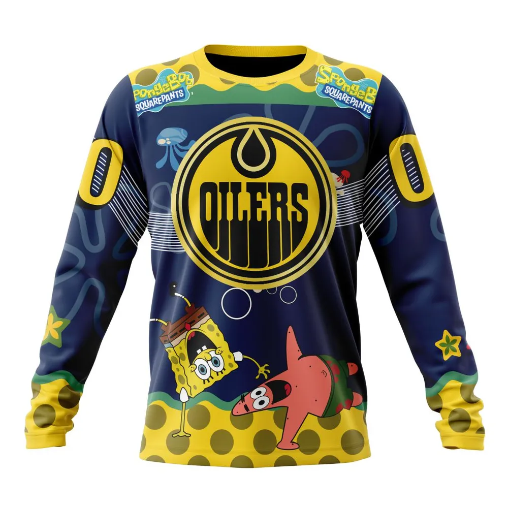 NHL Edmonton Oilers Specialized Jersey With Spongebob Long Sleeved Sweatshirt 