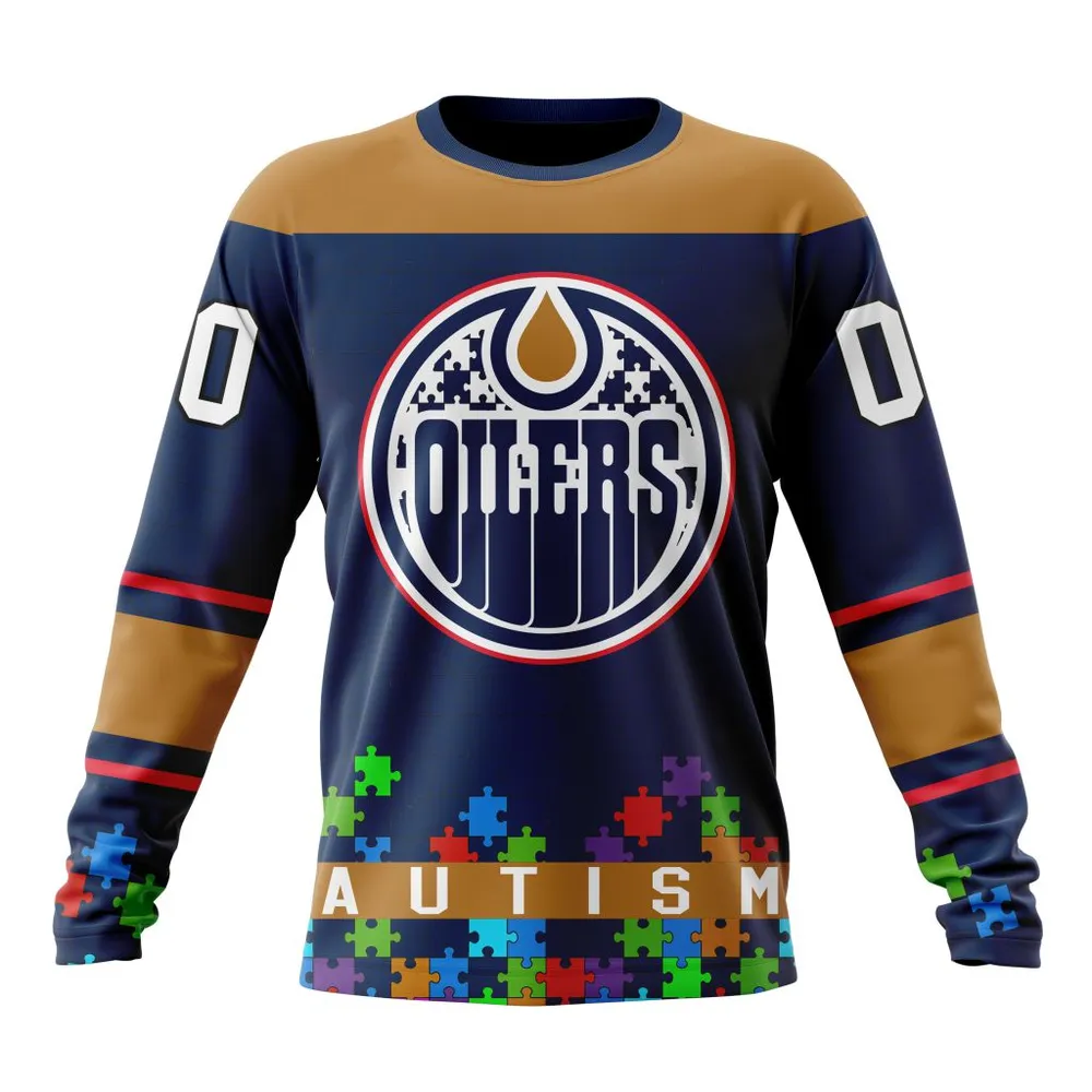 NHL Edmonton Oilers | Specialized Unisex Kits Hockey Fights Against Autism Long Sleeved Sweatshirt 