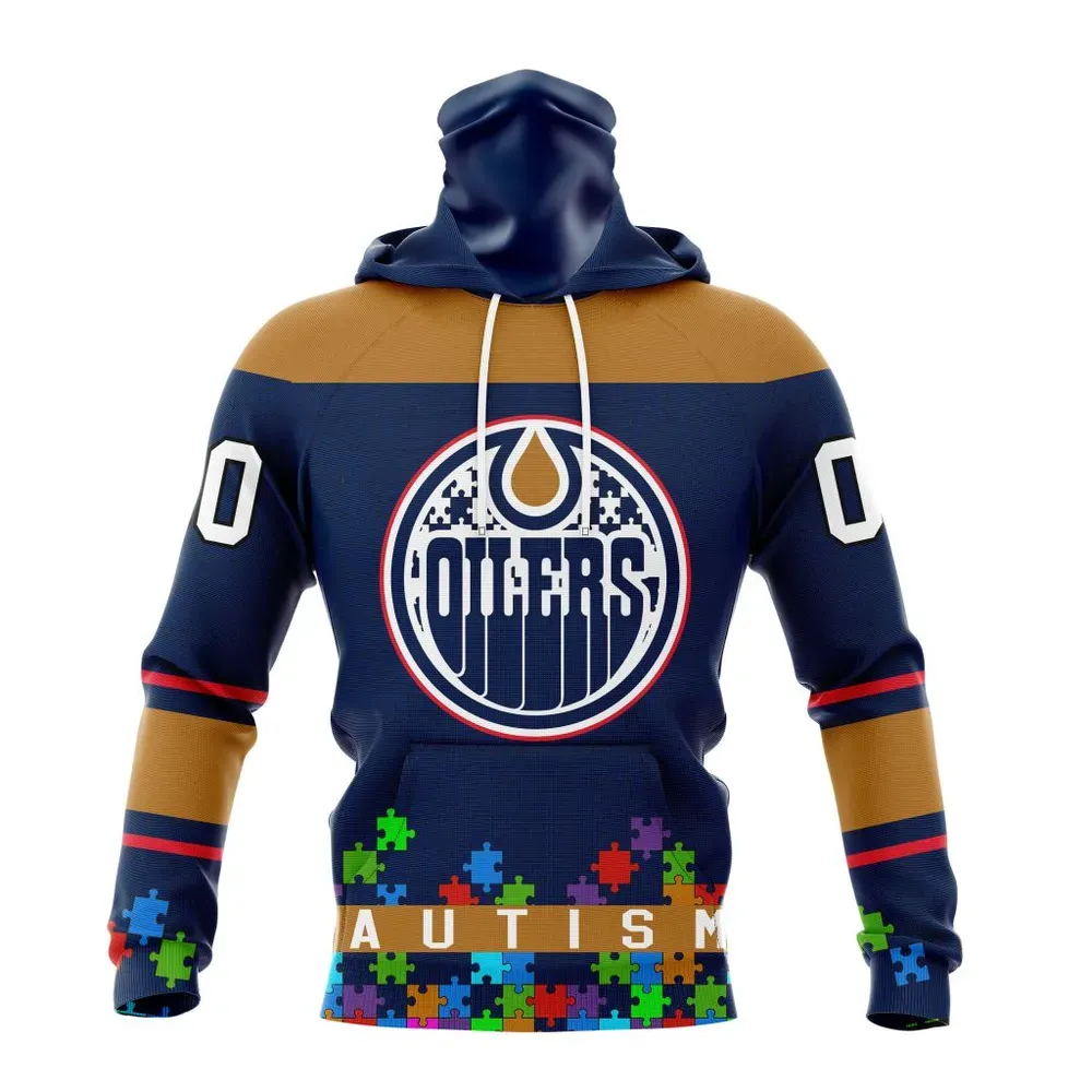 NHL Edmonton Oilers | Specialized Unisex Kits Hockey Fights Against Autism Mask Hoodie